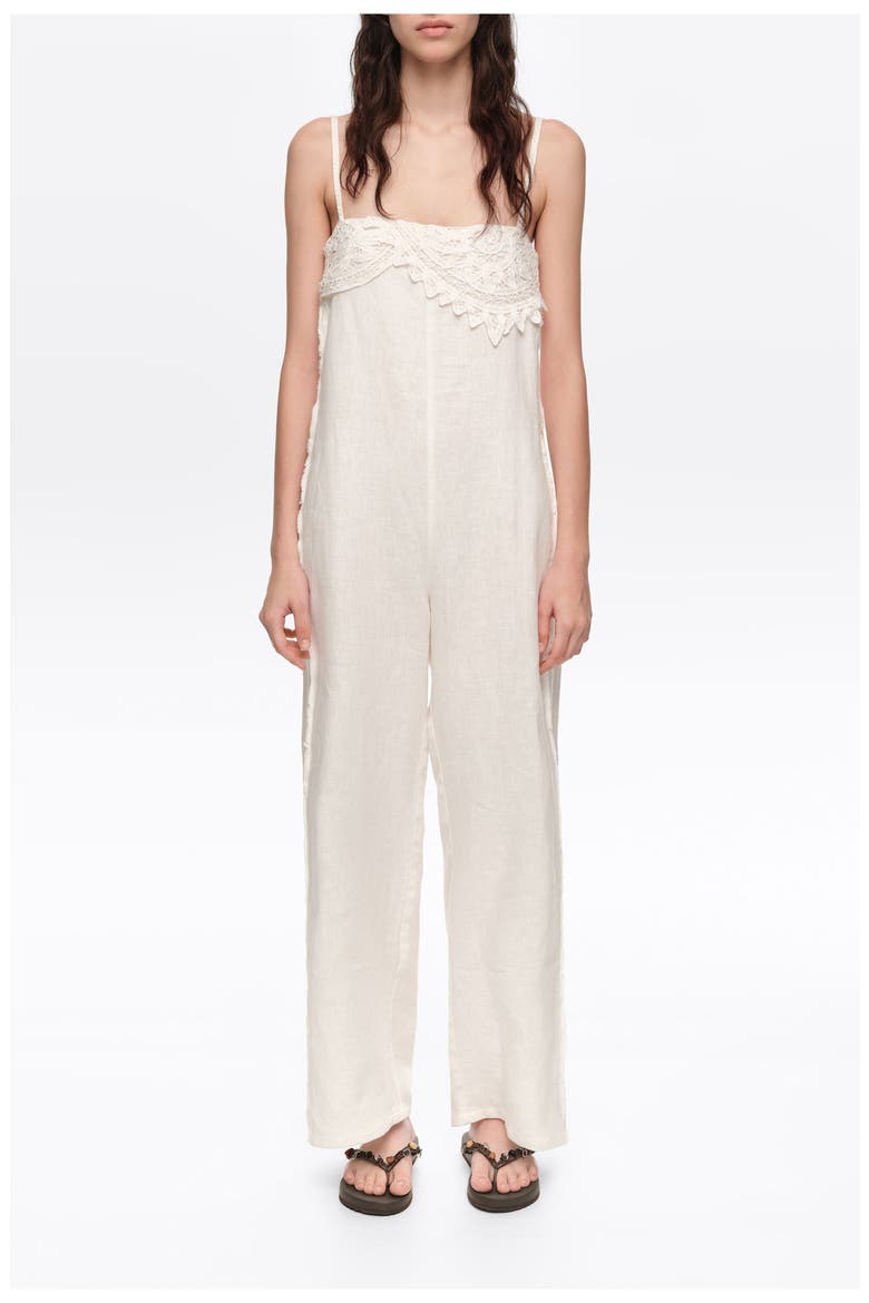 Linen Crochet Neckline Jumpsuit, Alternate, color, WHITE