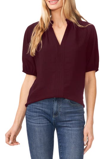 Cece Ruffle Split Neck Blouse In Rich Cabernet Burgundy