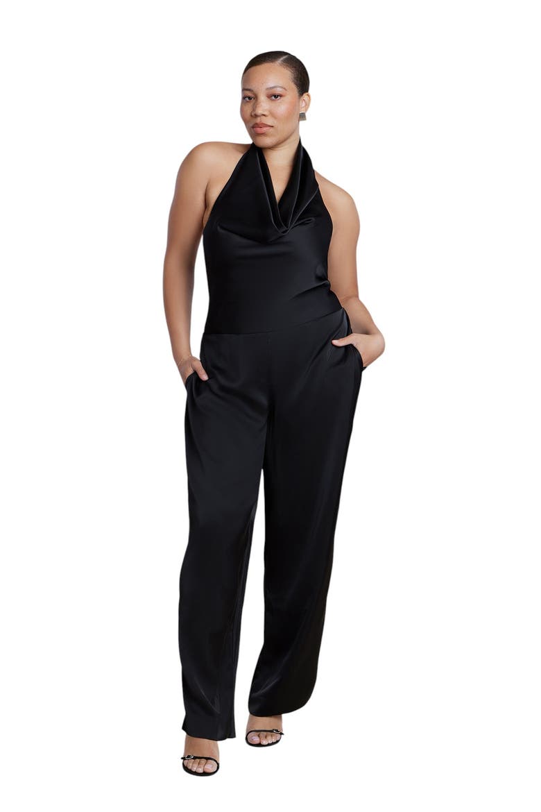 Halter Cowl Neck Satin Jumpsuit, Main, color, BLACK ONYX