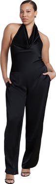 ELOQUII Halter Cowl Neck Satin Jumpsuit