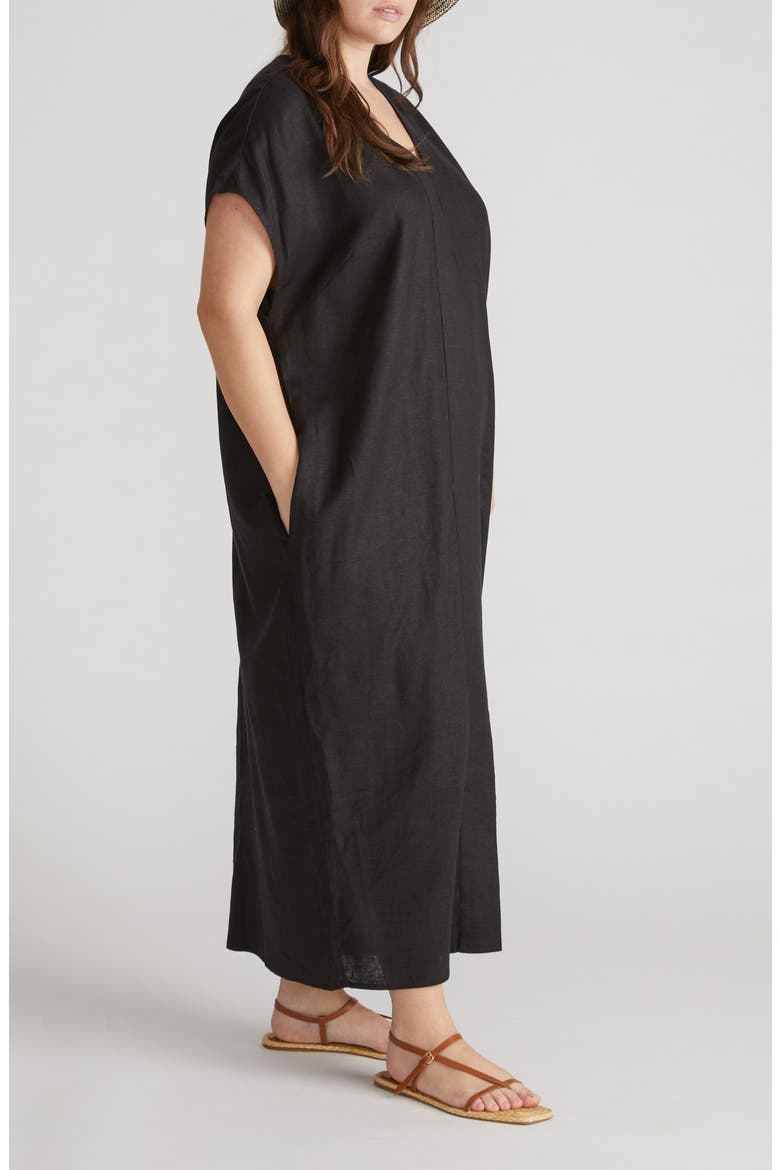 Cabana Linen Blend Caftan Dress, Alternate, color, BLACK