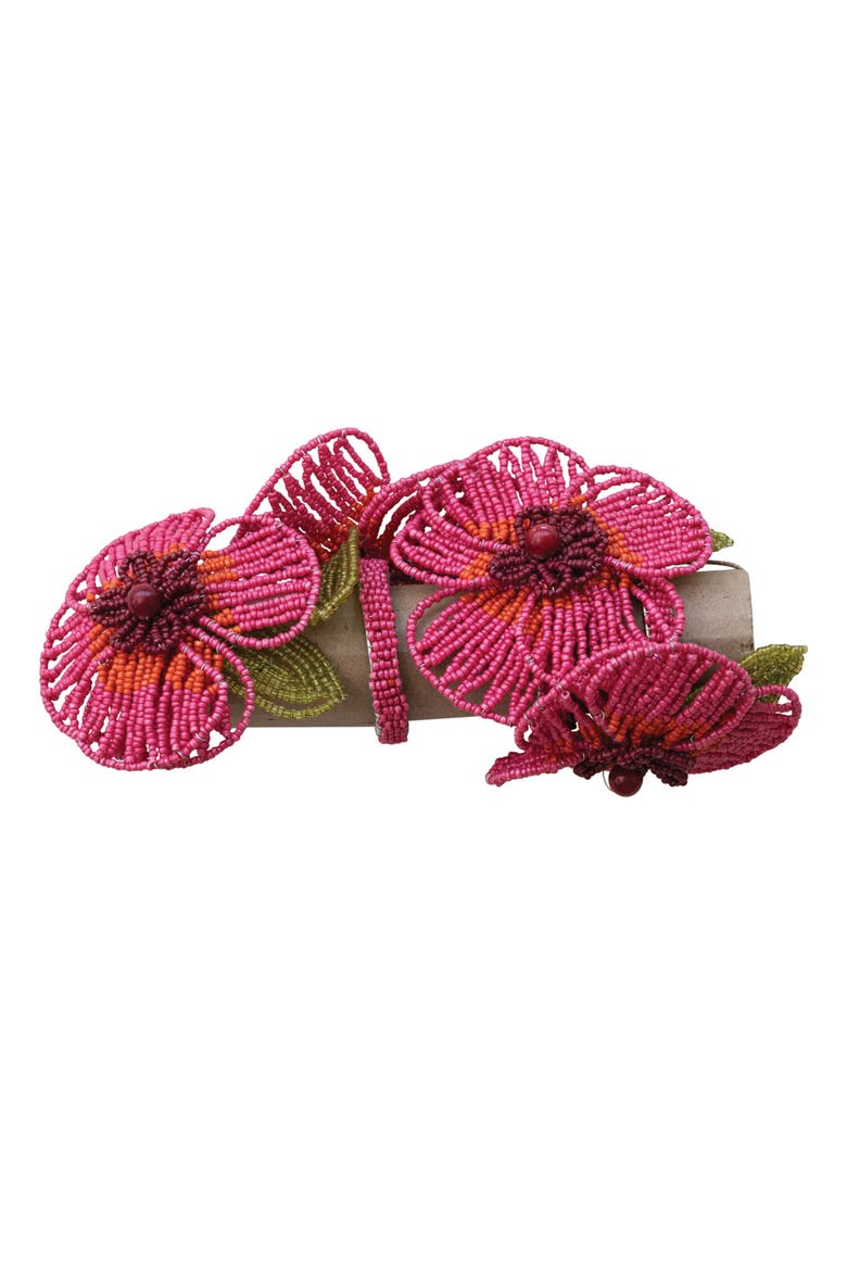 4-Piece Round Handmade Glass Beaded Flower Napkin Rings, Multicolor, Alternate, color, Pink