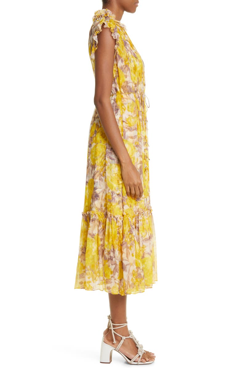 Zimmermann High Tide Flutter Sleeve Silk & Linen Midi Dress, Alternate, color, 