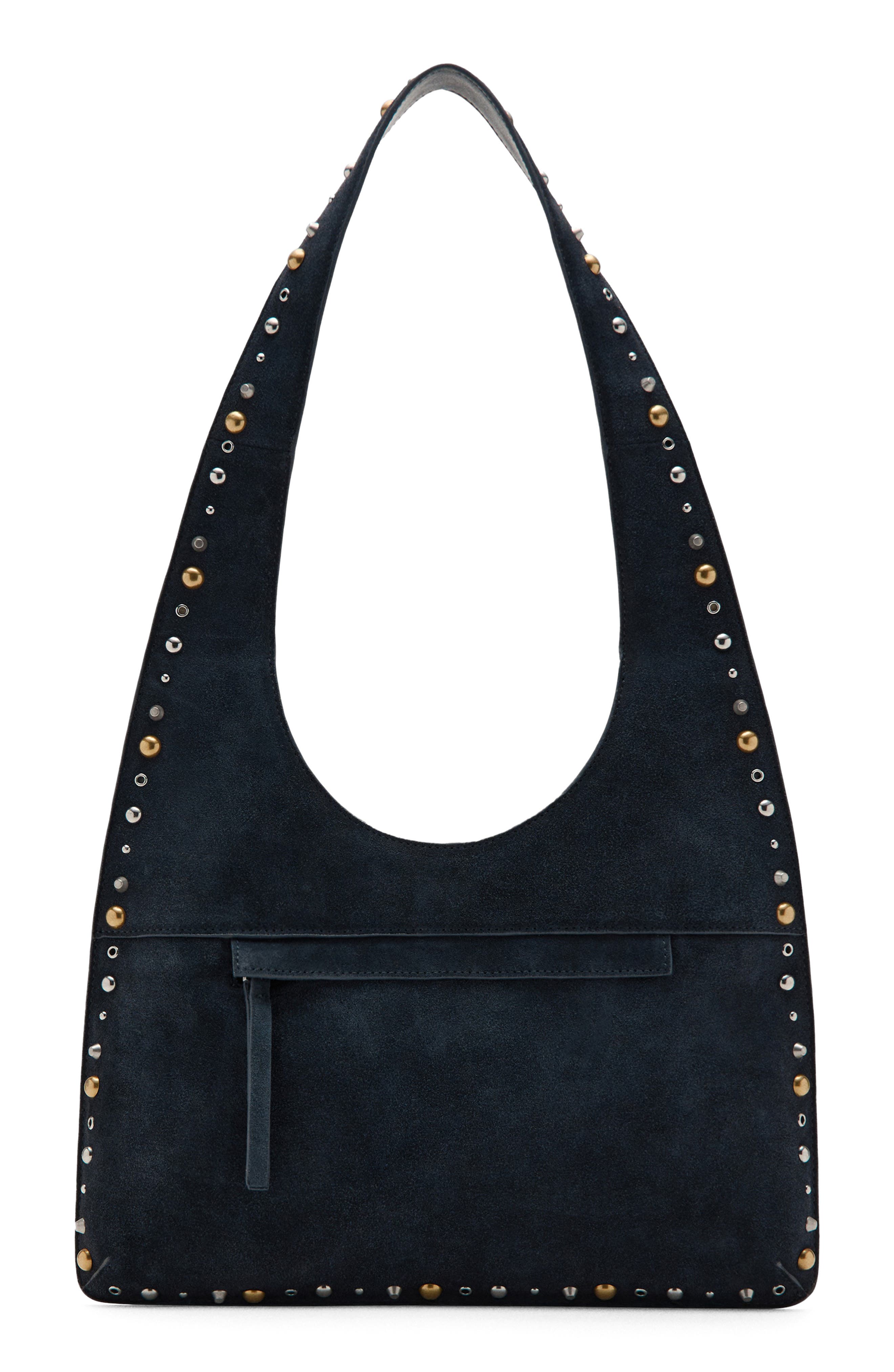 MANGO Studded Suede Shoulder Bag, Main, color, Navy