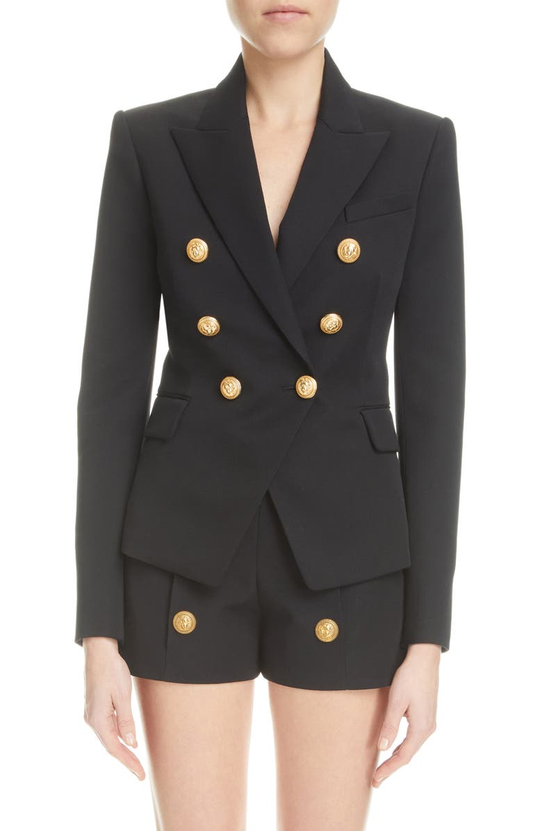 Balmain Double Breasted Twill Blazer, Main, color, 