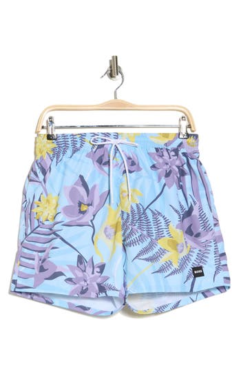 Hugo Boss Piranha Floral Regular Fit 5.3 Swim Trunks In Purple