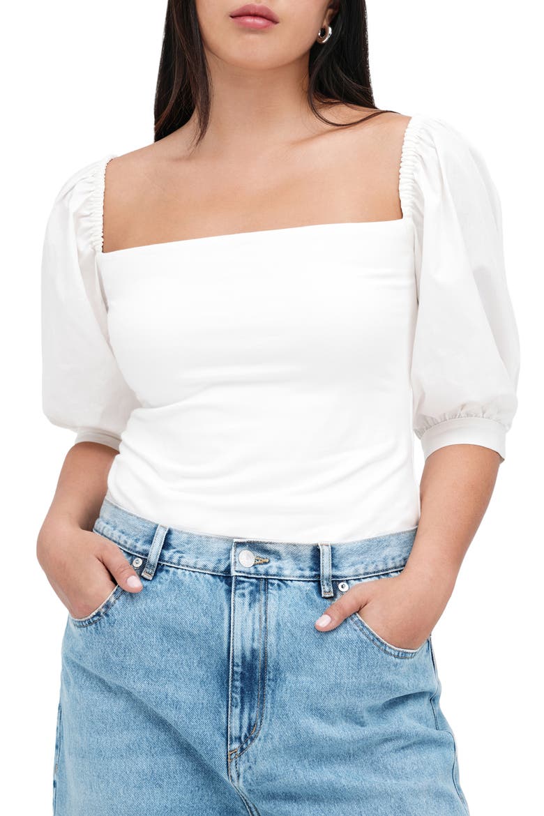 Alana Mixed Media Puff Sleeve Top, Main, color, OFF WHITE