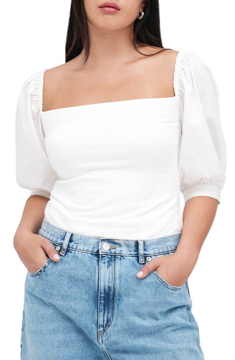 Marcella Alana Mixed Media Puff Sleeve Top, Main, color, Off White