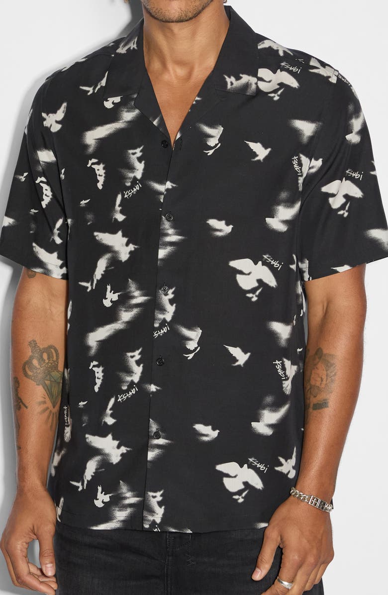 Ksubi Flight Resort Bird Print Lyocell Camp Shirt, Alternate, color, Black