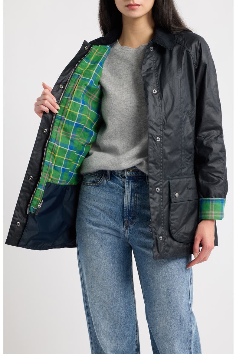 125th Anniversary Beadnell Waxed Cotton Jacket, Alternate, color, NAVY/ SEATTLE TARTAN
