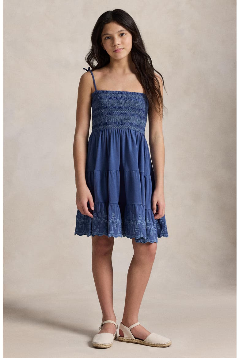 Kids' Smocked Bodice Tiered Cotton Jersey Sundress, Alternate, color, EARTH BLUE