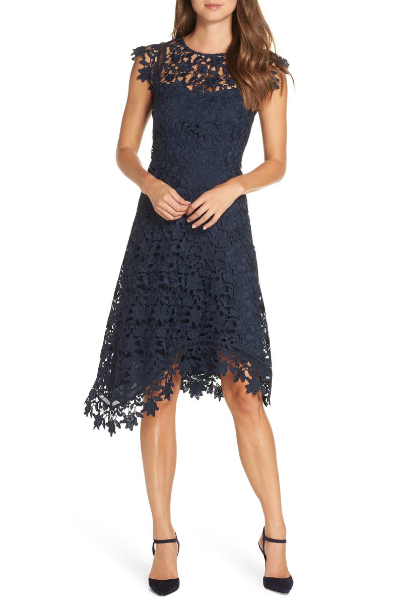 Eliza J Asymmetrical Lace Fit & Flare Dress, Main, color, 