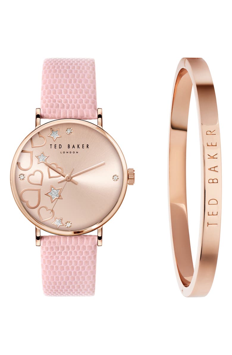 Ted Baker London Phylipa Leather Strap Watch & Bangle Bracelet Set, 34mm, Main, color, Rose Gold/ Pink/ Pink