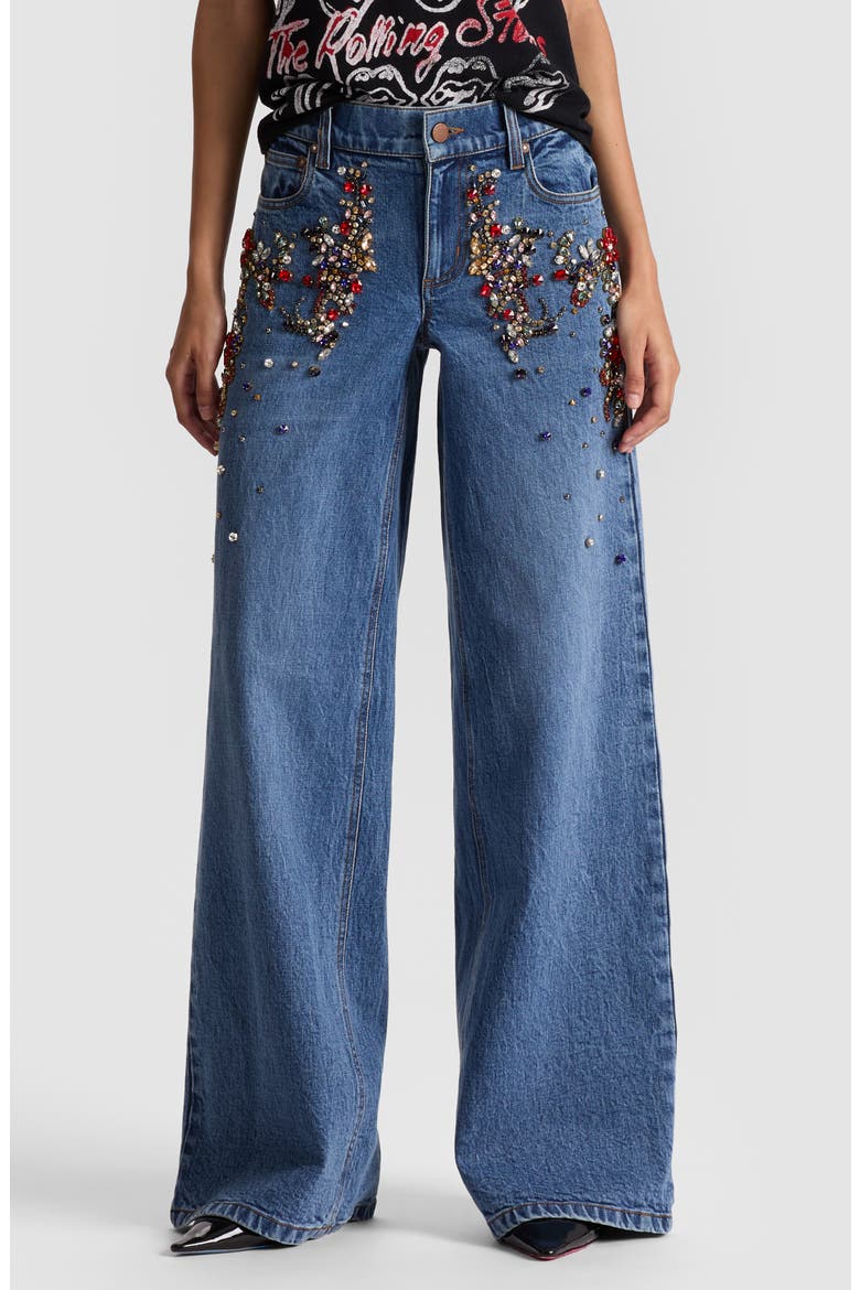 Amazing Crystal Detail Baggy Wide Leg Jeans, Main, color, BROOKLYN BLUE