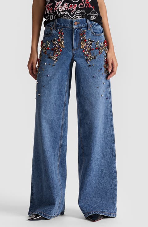 Amazing Crystal Detail Baggy Wide Leg Jeans (Brooklyn Blue)