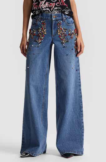 Alice + Olivia Amazing Crystal Detail Baggy Wide Leg Jeans