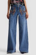 ALICE + OLIVIA Amazing Crystal Detail Baggy Wide Leg Jeans