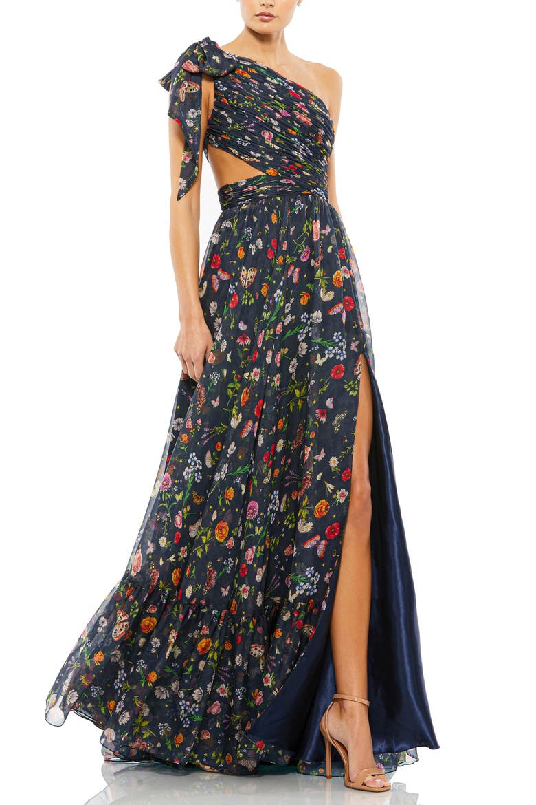 Petite Tied One Shoulder Cut-Out Flowy Gown, Main, color, Navy Multi