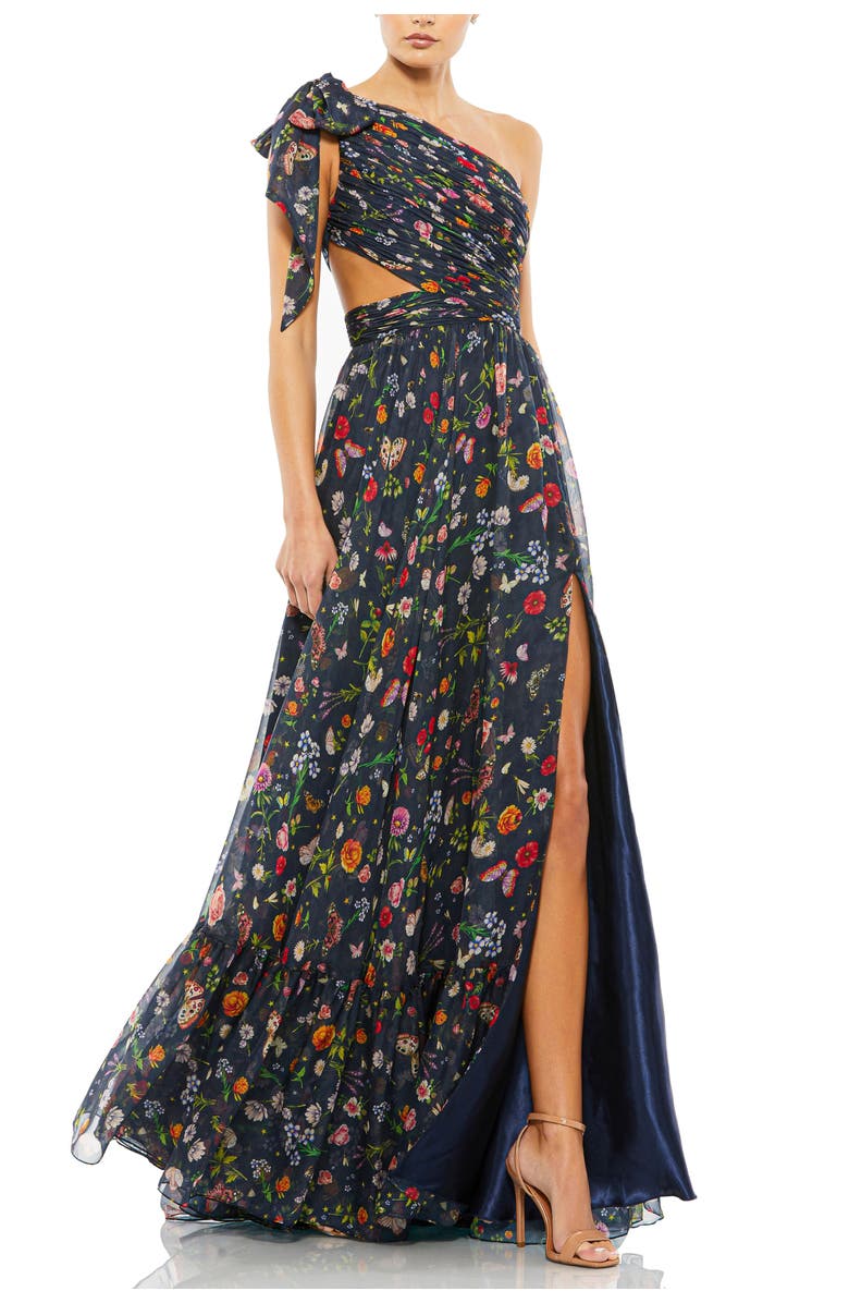 Mac Duggal Petite Tied One Shoulder Cut-Out Flowy Gown, Main, color, Navy Multi