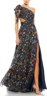 Mac Duggal Petite Tied One Shoulder Cut-Out Flowy Gown