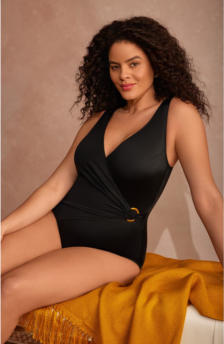 Longitude O-Ring Surplice Long Torso One-Piece Swimsuit, Alternate, color, Black