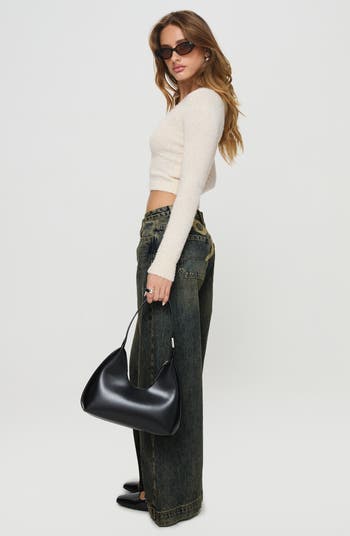 Ribbon Bow Print Low Rise Wide Leg Jeans