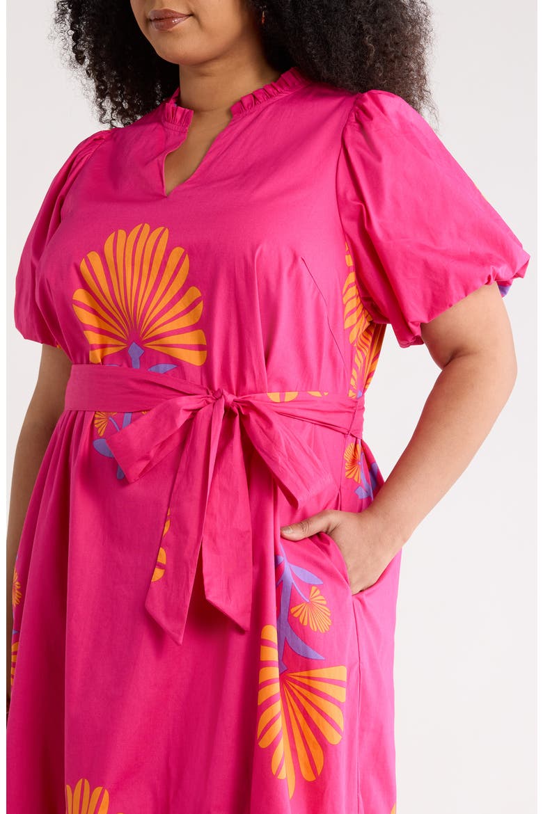 Melian Puff Sleeve Tie Belt Cotton Midi Dress, Alternate, color, FUCHSIA-ORANGE