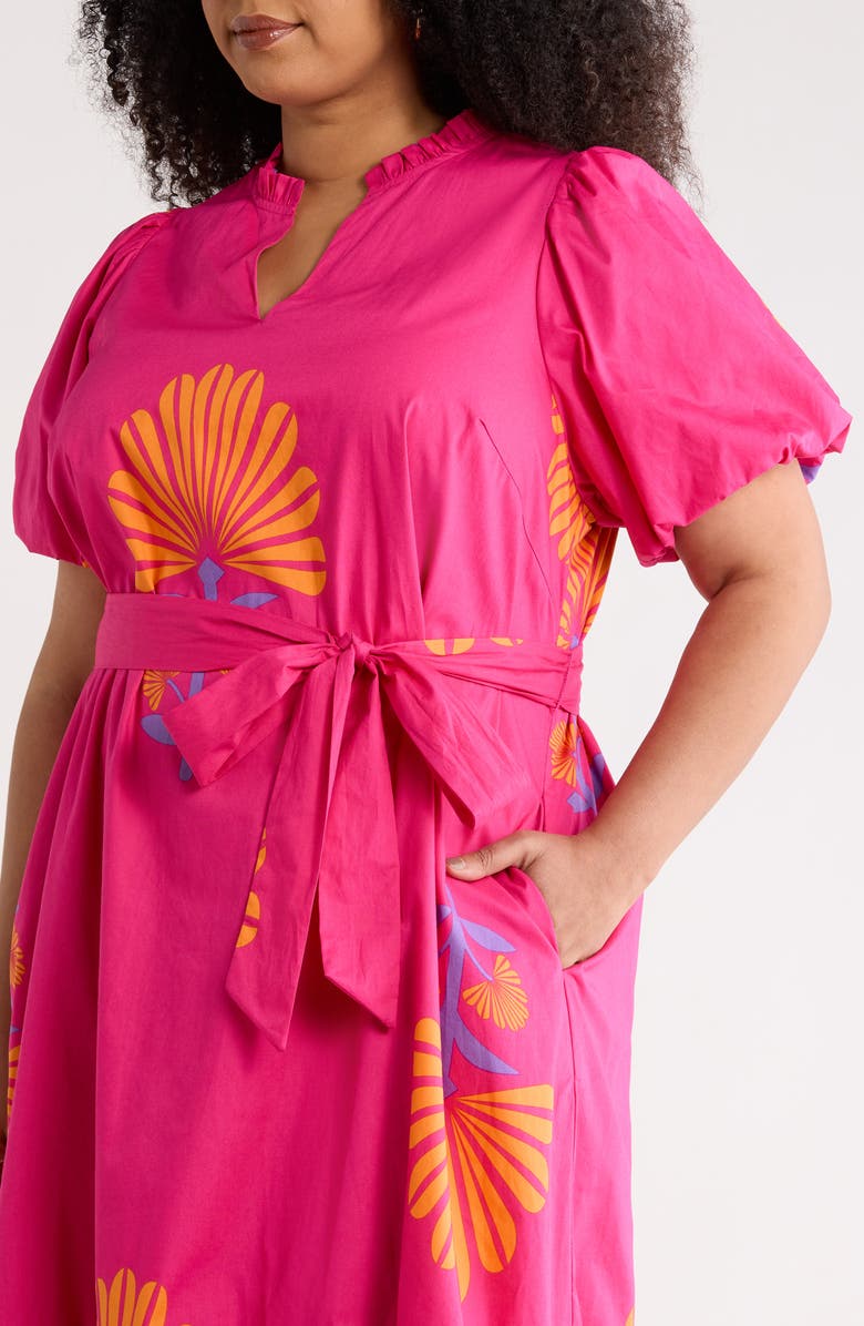 SUGARLIPS Melian Puff Sleeve Tie Belt Cotton Midi Dress, Alternate, color, Fuchsia-Orange