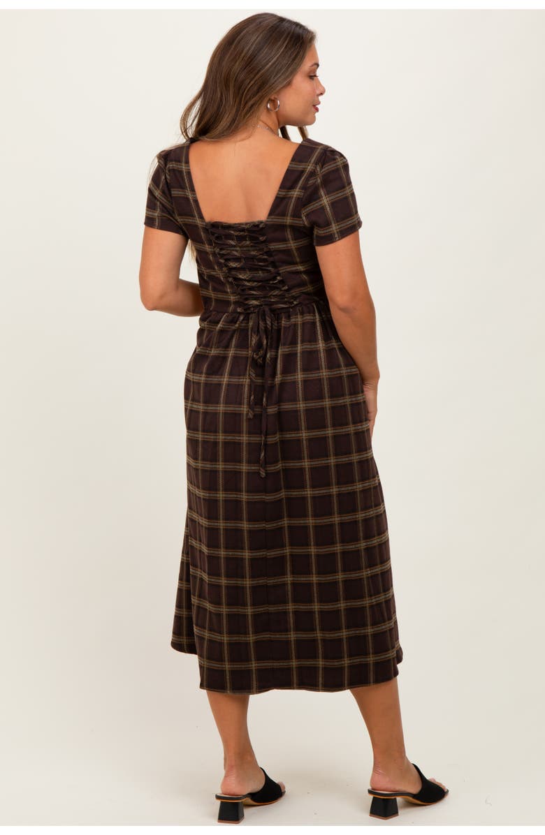 PinkBlush Plaid Button Down Midi Dress, Alternate, color, Brown