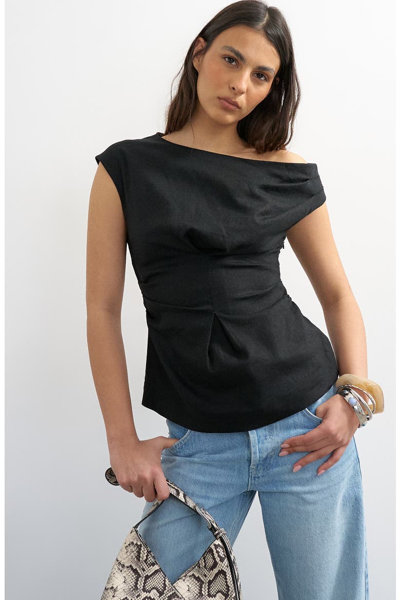 Off the Shoulder Ruched Pleat Waist Top, Main, color, BLACK