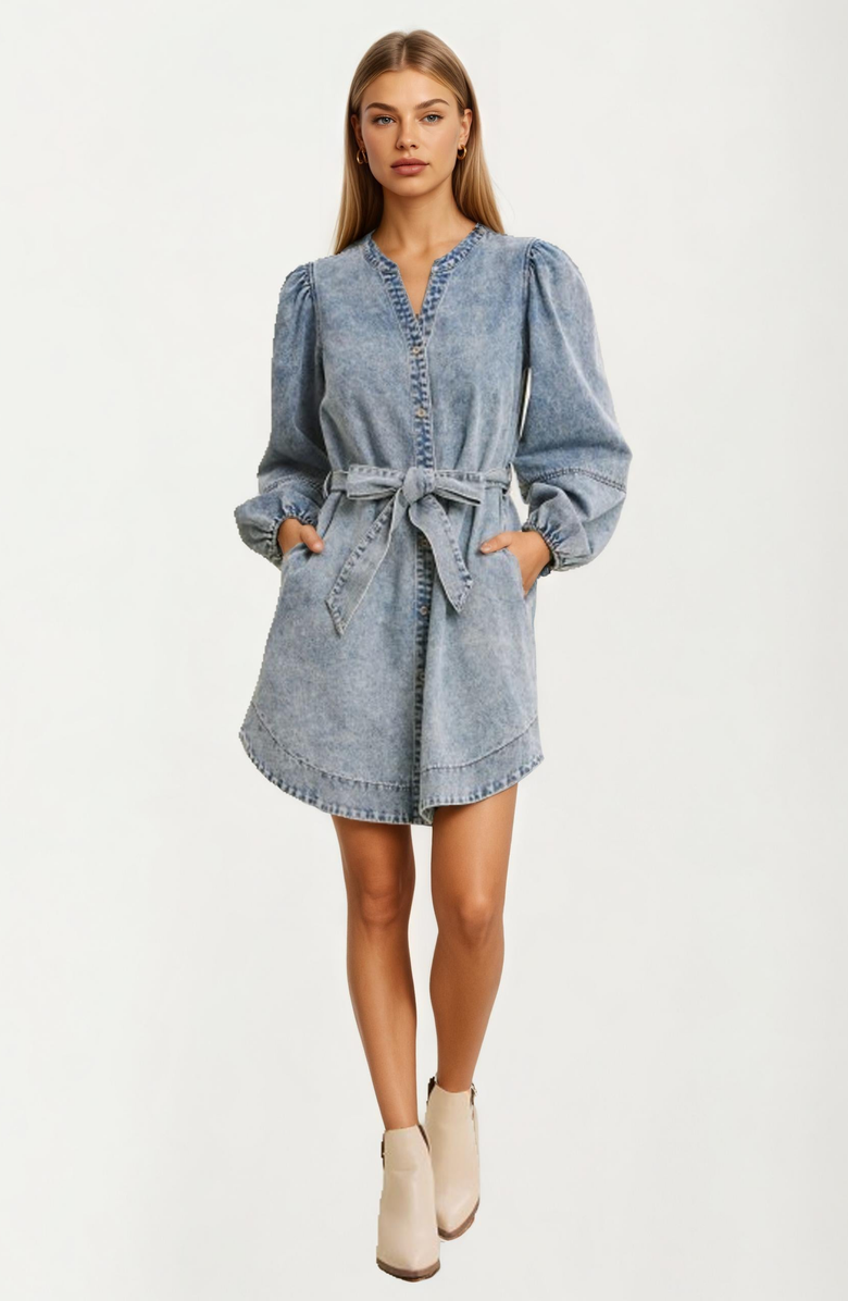 Knit and Lounge Puff Shoulder Tie Waist Long Sleeve Denim Mini Dress, Main, color, 