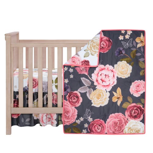 Lambs & Ivy Secret Garden Luxury Floral 3-piece Cotton Sateen Crib Bedding Set In Pink