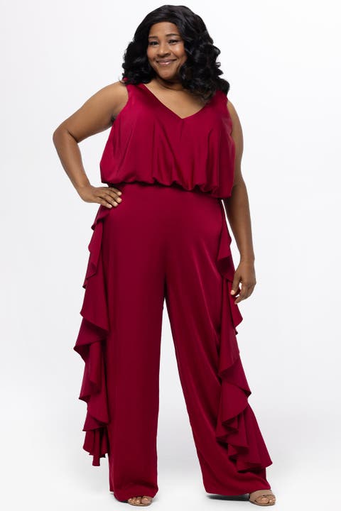 V-Neck Stretch Satin Plus Size Jumpsuit with Ruffles