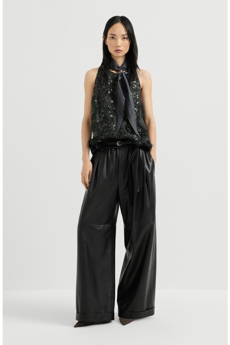Crispy silk top with dazzling lynx embroidery, Alternate, color, Lignite