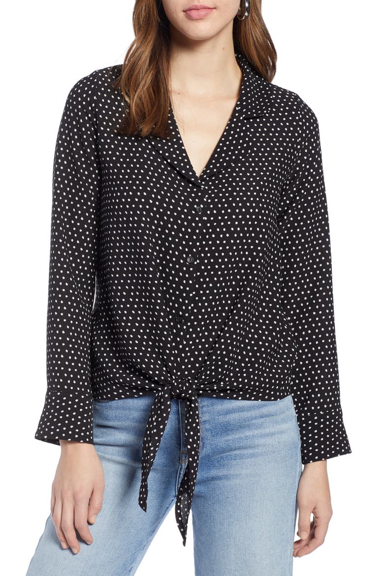 Tie Front Top, Main, color, BLACK- WHITE DOT