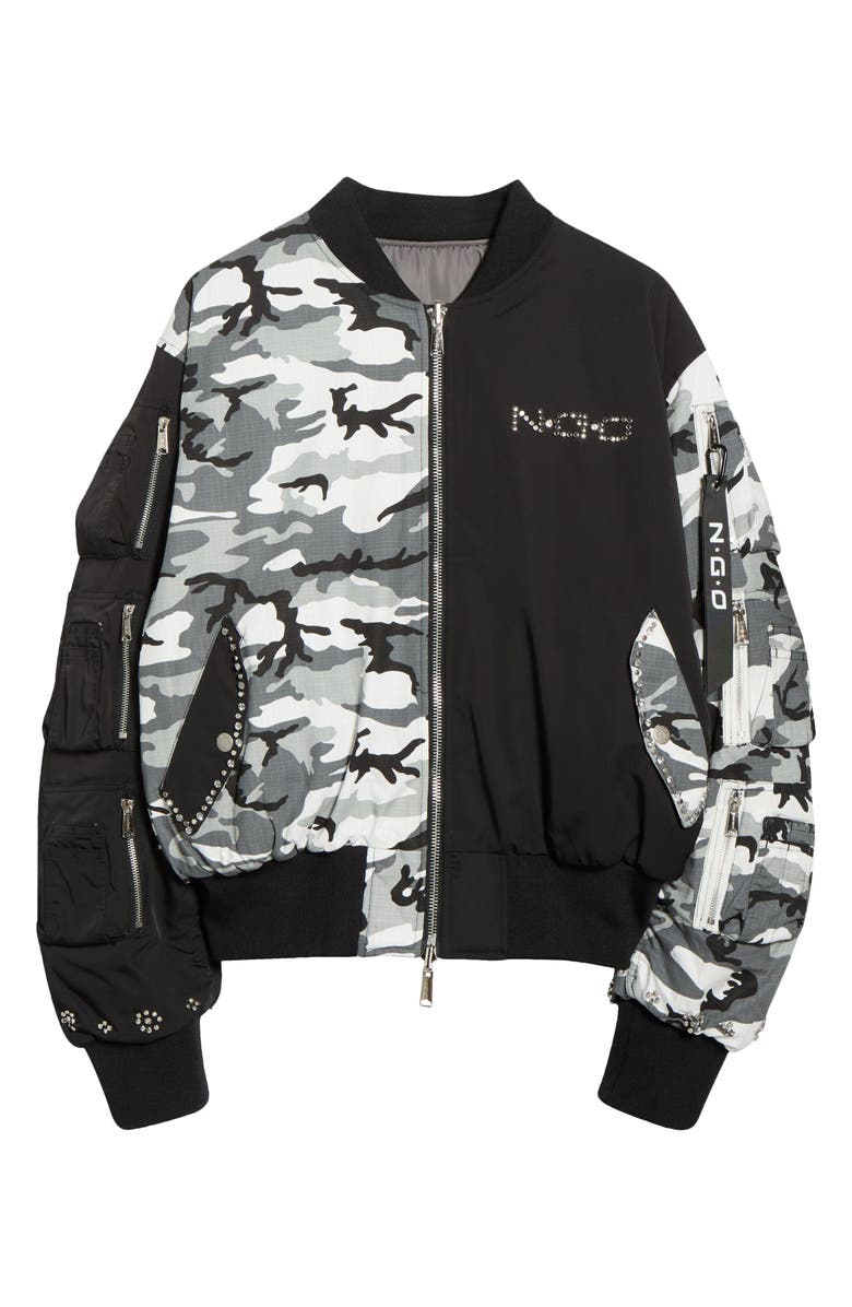 N.G.O. Mixed Media Studded Bomber Jacket, Main, color, Black/ Camo