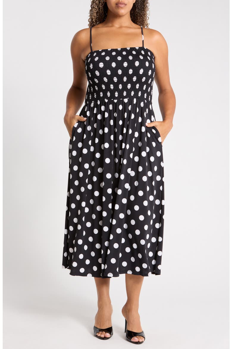 Smocked Bodice Midi Dress, Main, color, BK WHT DOT
