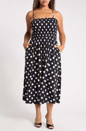 West K Smocked Bodice Midi Dress In Bk Wht Dot