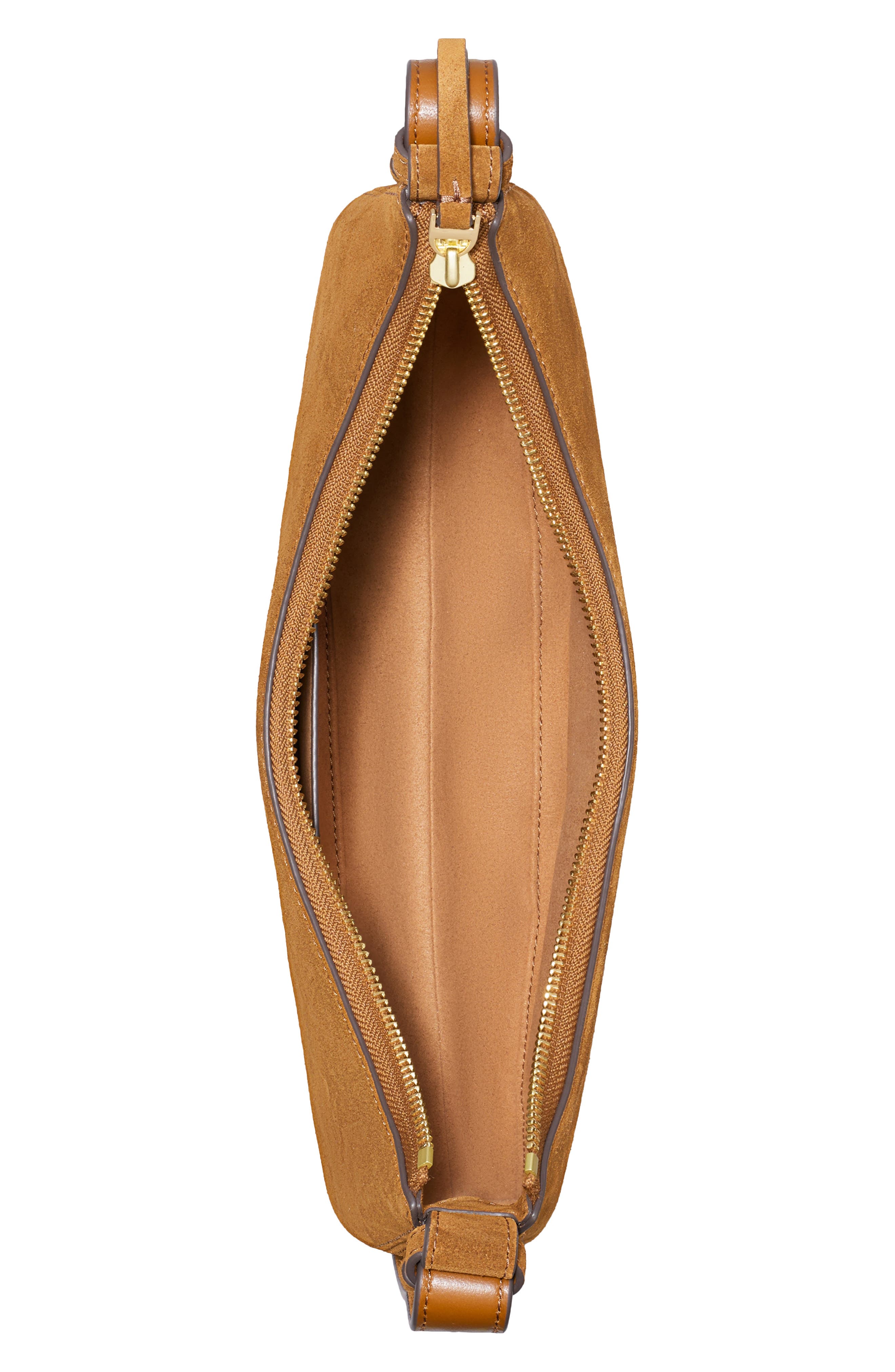 Romy Suede Half Moon Shoulder Bag, Alternate, color, CARAMEL