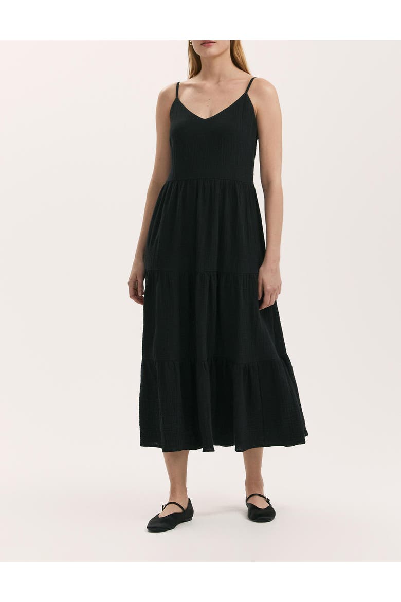 Emmie Cotton Strappy Midi Tiered Dress, Alternate, color, Black