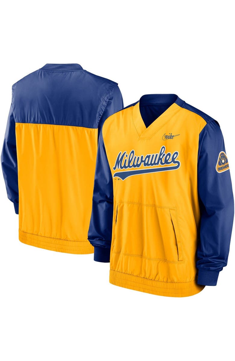 Nike Men's Nike Royal/Gold Milwaukee Brewers Cooperstown Collection V-Neck Pullover Windbreaker, Main, color, Royal