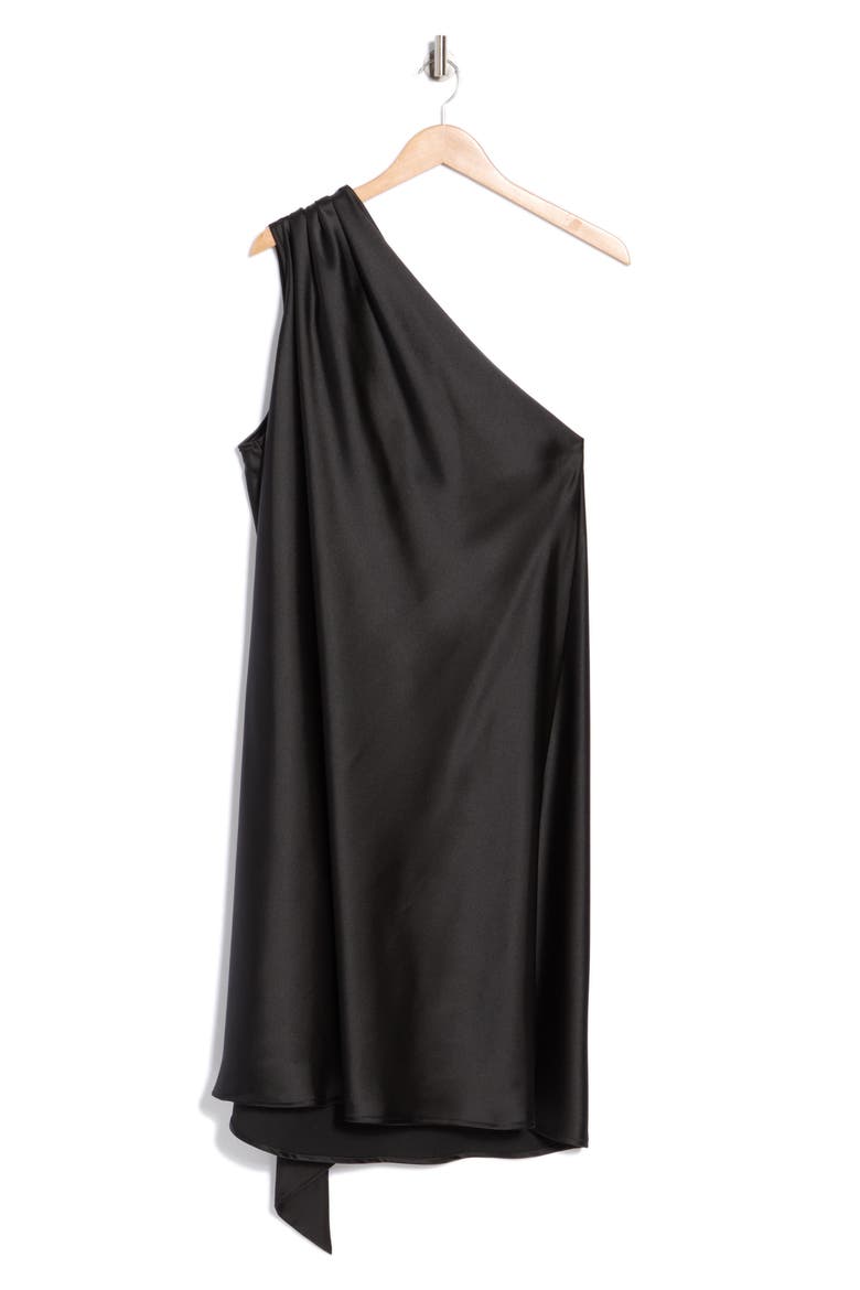 One-Shoulder Satin Shift Dress with Scarf, Alternate, color, BLACK