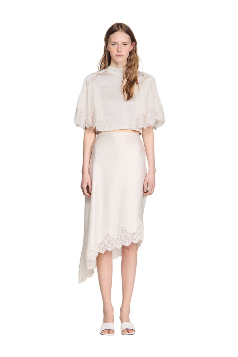 Asymmetrical satin skirt with lace, Alternate, color, Ecru