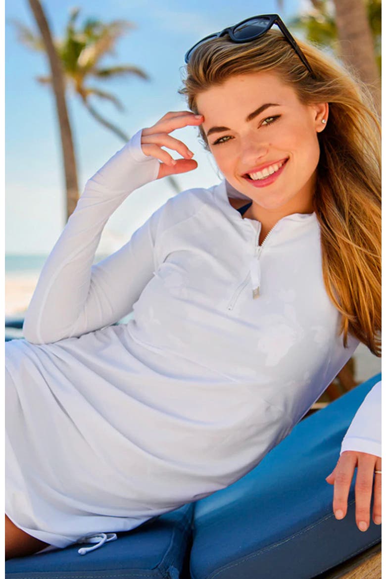 Ruched Long Sleeve Swim Dress, Alternate, color, White