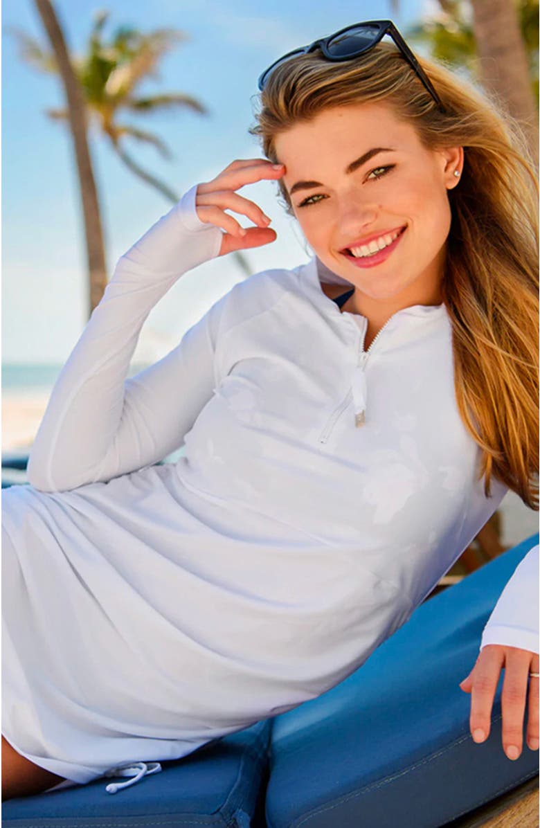 Snapper Rock Ruched Long Sleeve Swim Dress, Alternate, color, White