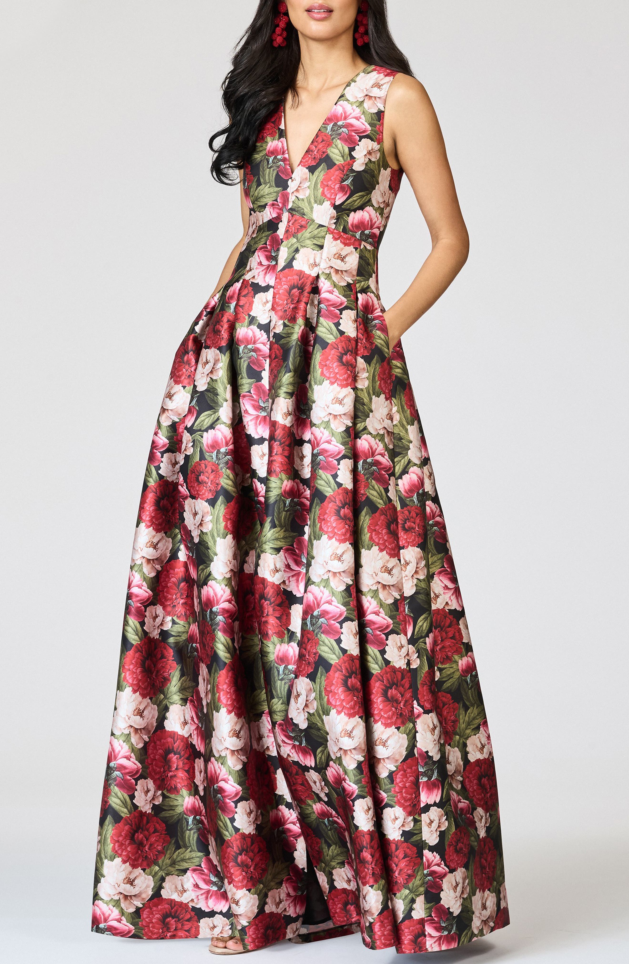 Sachin & Babi Brooke Pleated Floral-print Mikado Gown In Animal Print