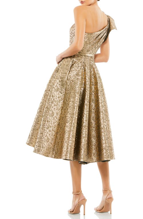 Mac Duggal One-shoulder Metallic Brocade Midi Cocktail Dress In Antique Bronze