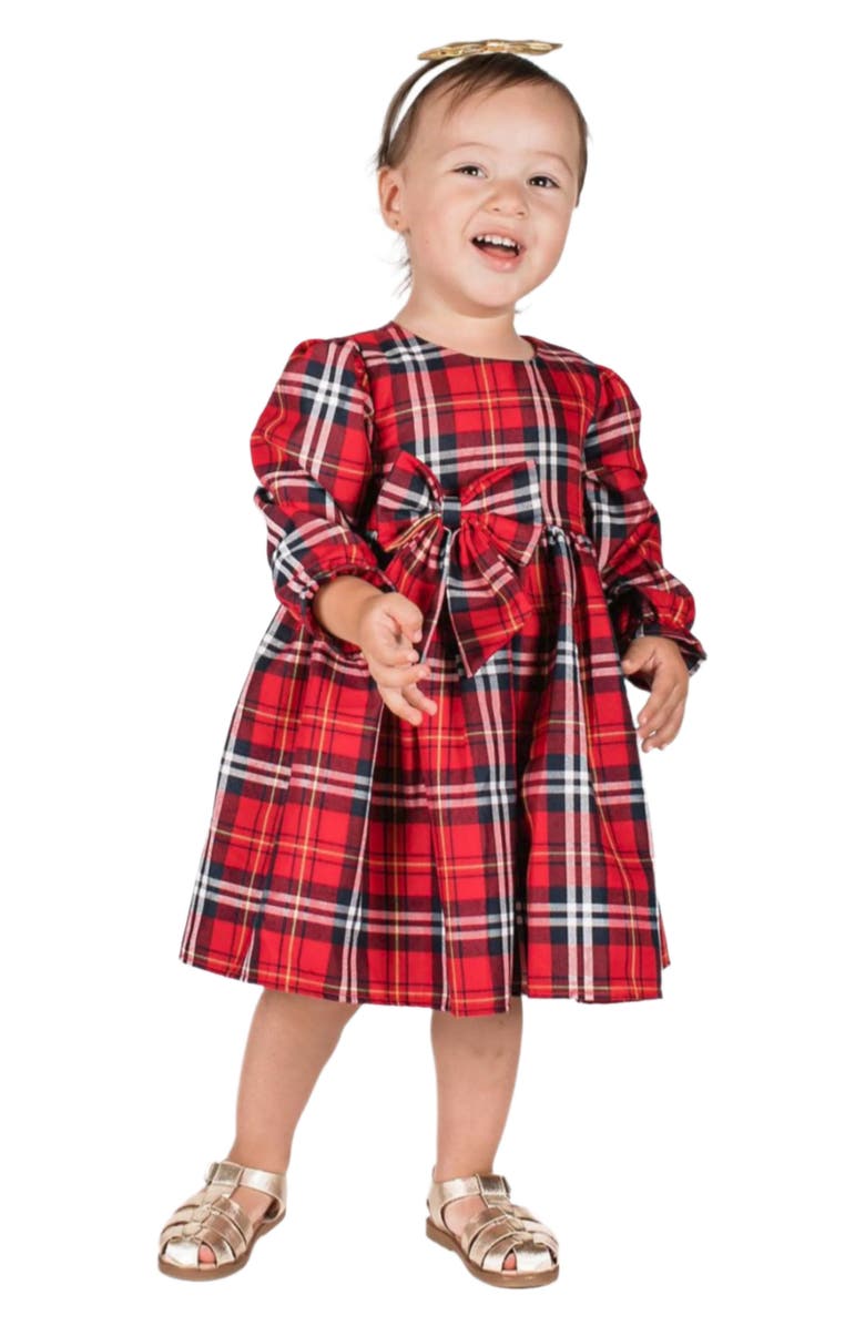 Popatu Kids' Plaid Bow Accent Long Sleeve Cotton Dress, Alternate, color, 