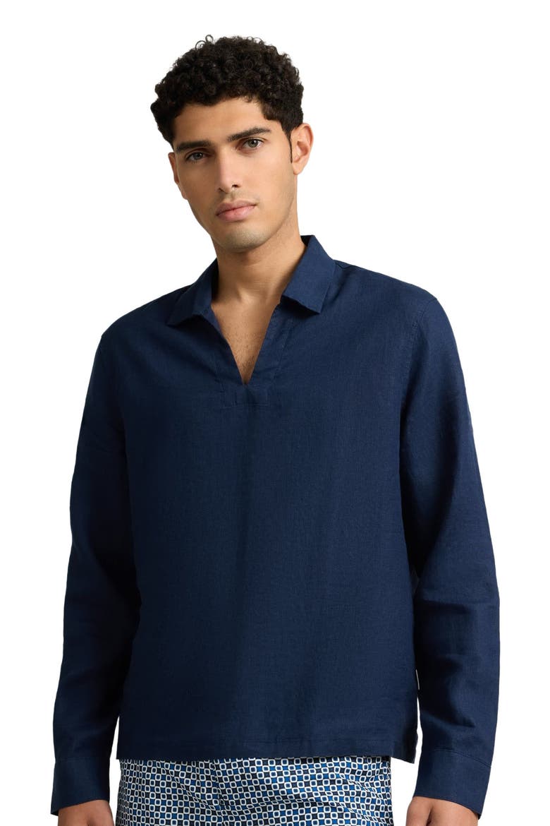 Linen Long Sleeve Popover Shirt, Alternate, color, MIDNIGHT