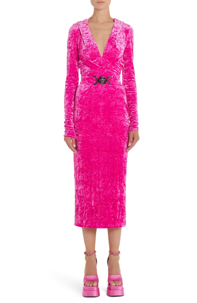 Versace Hooded Long Sleeve Deep V-Neck Crushed Velvet Midi Dress, Main, color, 